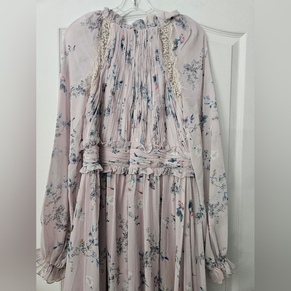 NWT  Mac Duggal Lilac Floral Print Ruched Raglan Sleeve Tiered Gown Sz 10 68199 - Picture 9 of 12